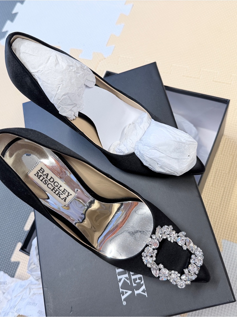 Badgley Mischka Black Satin Pointed Toe Heels with Crystal Buckle Accent